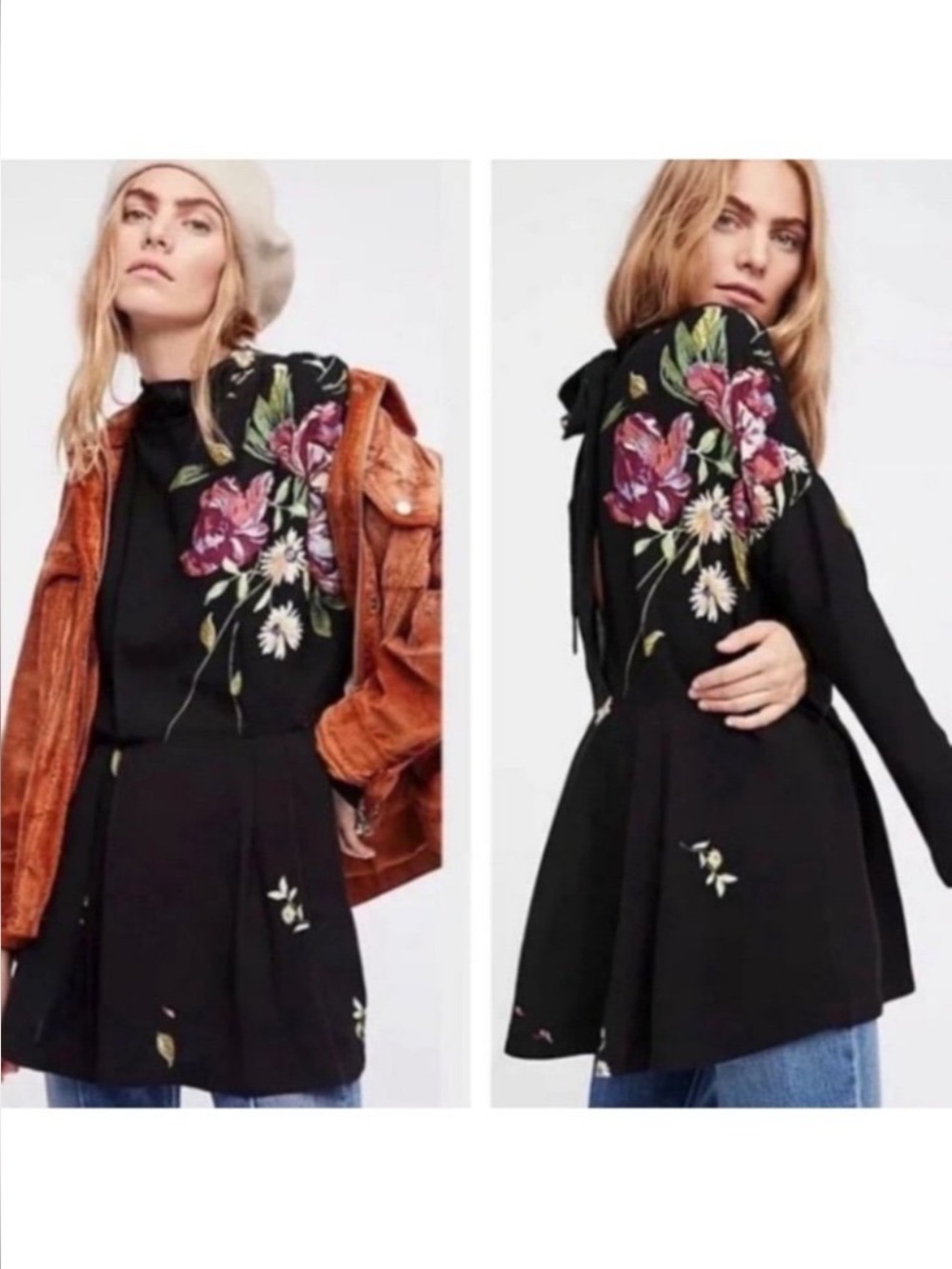 Free People Gemma Embroidered Open Tie-Back Tunic Dress in Black
Medium NWT